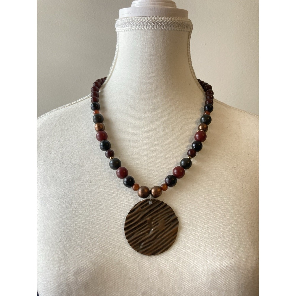 Vintage Pendant Necklace In Dark Moody Browns & Reds Artisan Earthy Textured
